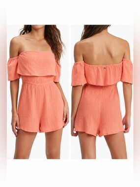 Roxy Women’s L Another Day Off The Shoulder Romper Linen Blend Coral Beach NWT